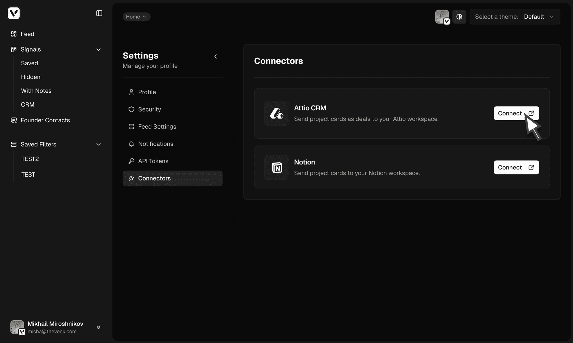 Selecting Attio workspace — dark theme
